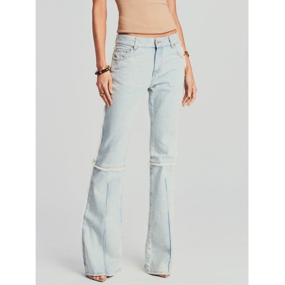 RETROFETE 70s Mid Rise Light Wash Denim Distressed Seam Bellbottom Flare Jean 24 - Picture 6 of 7